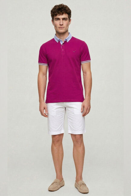 Pembe %100 Pamuk Polo Yaka Tişört - 5