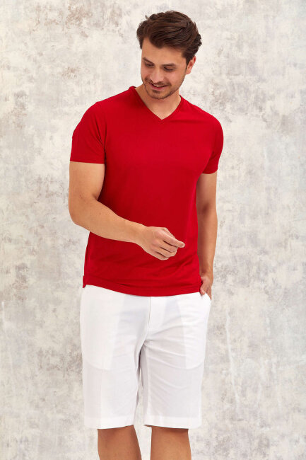 Red V-Neck Basic T-shirt - 2
