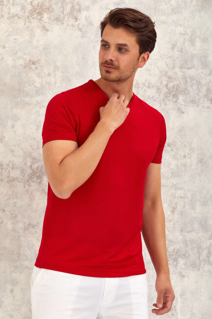 Red V-Neck Basic T-shirt - 6