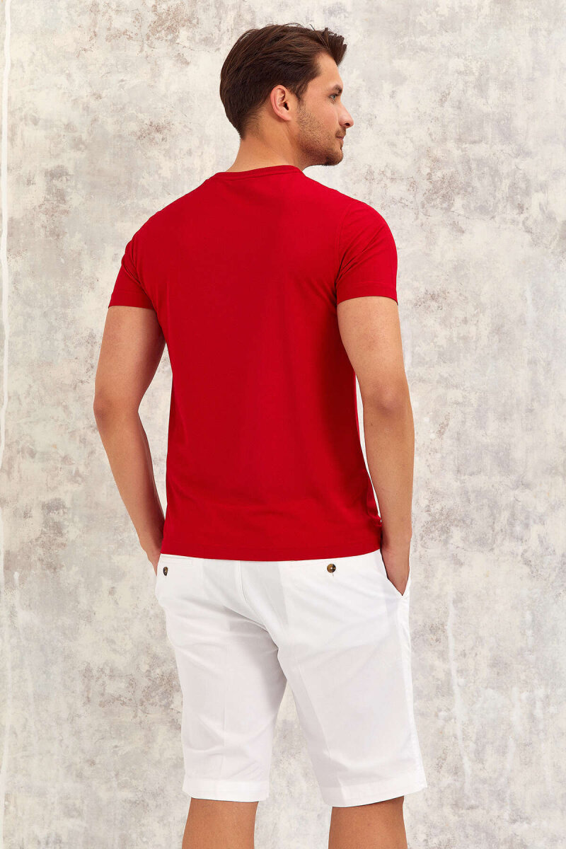 Red V-Neck Basic T-shirt - 7