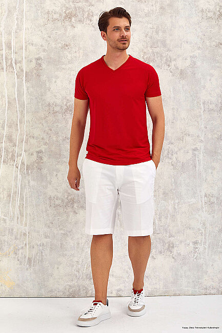 Red V-Neck Basic T-shirt 