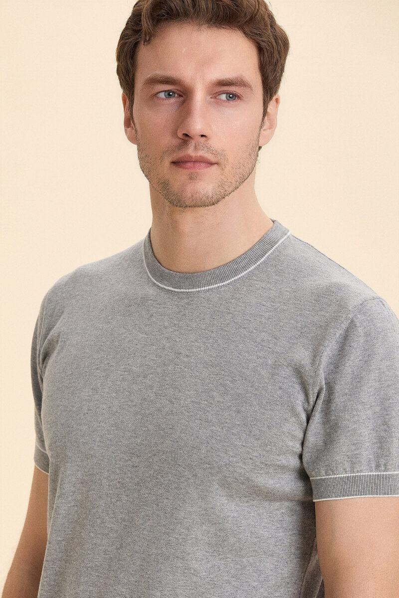 Grey Melange 100% Cotton Crew Neck Short Sleeve Sweater - 1