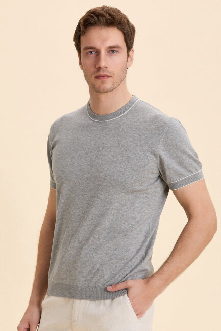 Grey Melange 100% Cotton Crew Neck Short Sleeve Sweater - 2