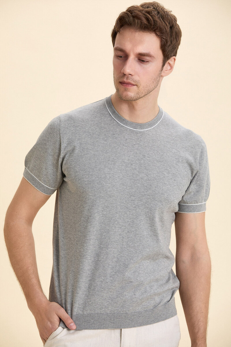 Grey Melange 100% Cotton Crew Neck Short Sleeve Sweater - 3
