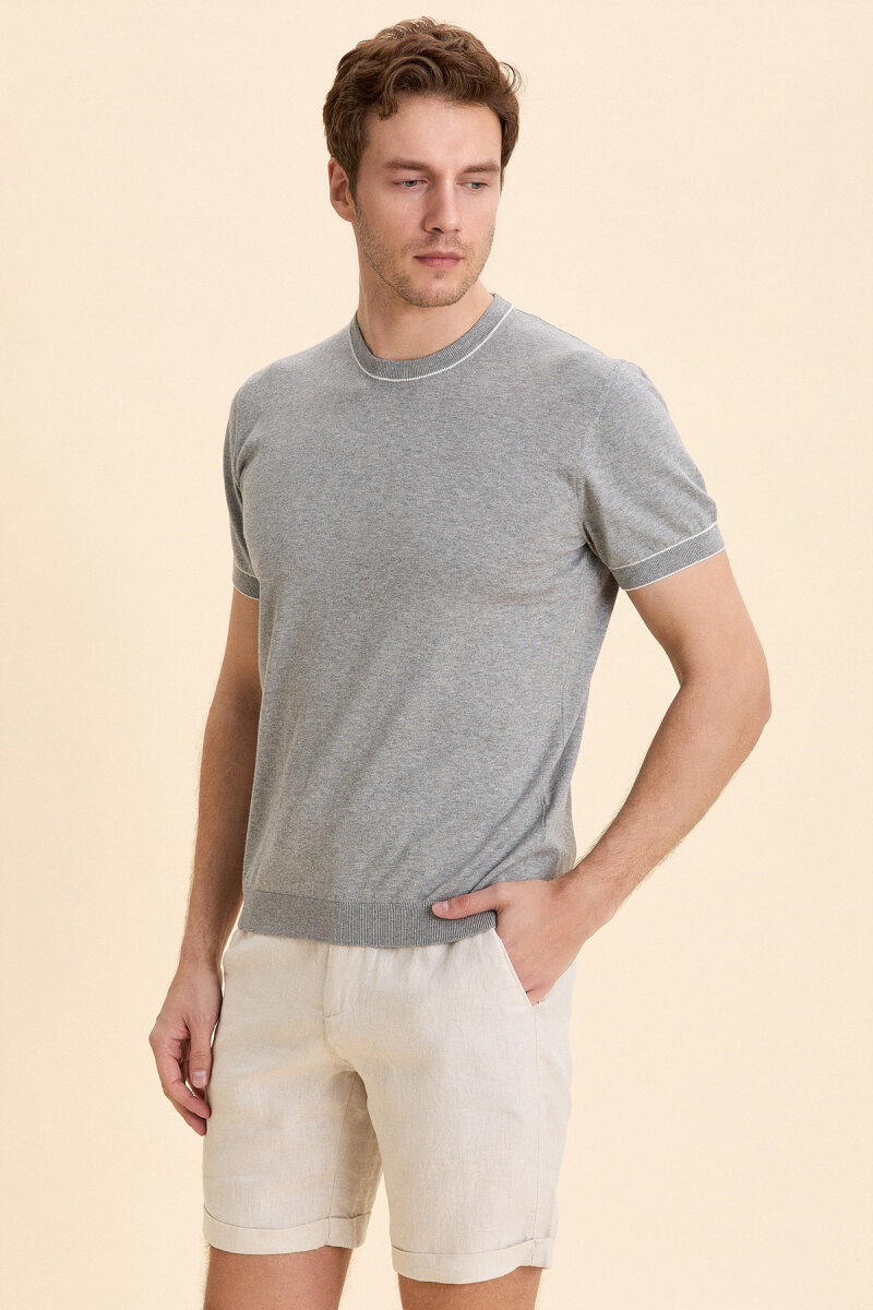 Grey Melange 100% Cotton Crew Neck Short Sleeve Sweater - 4