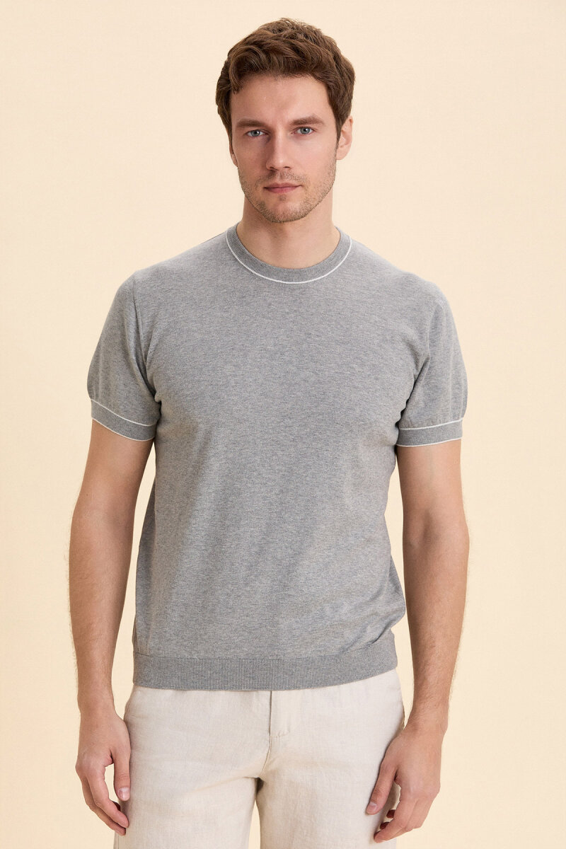 Grey Melange 100% Cotton Crew Neck Short Sleeve Sweater - 5