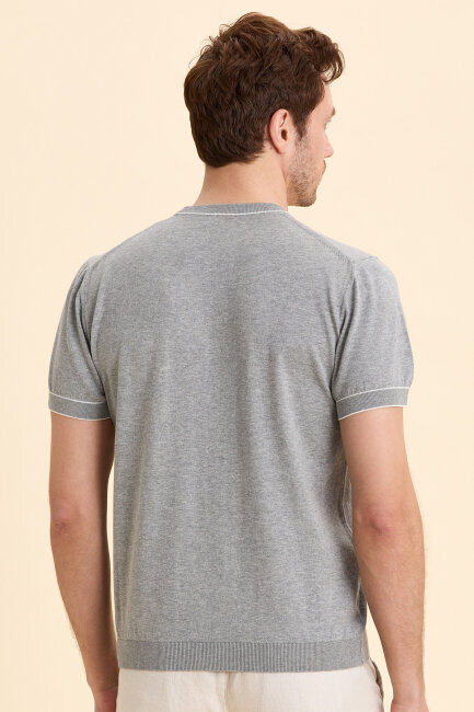 Grey Melange 100% Cotton Crew Neck Short Sleeve Sweater - 6