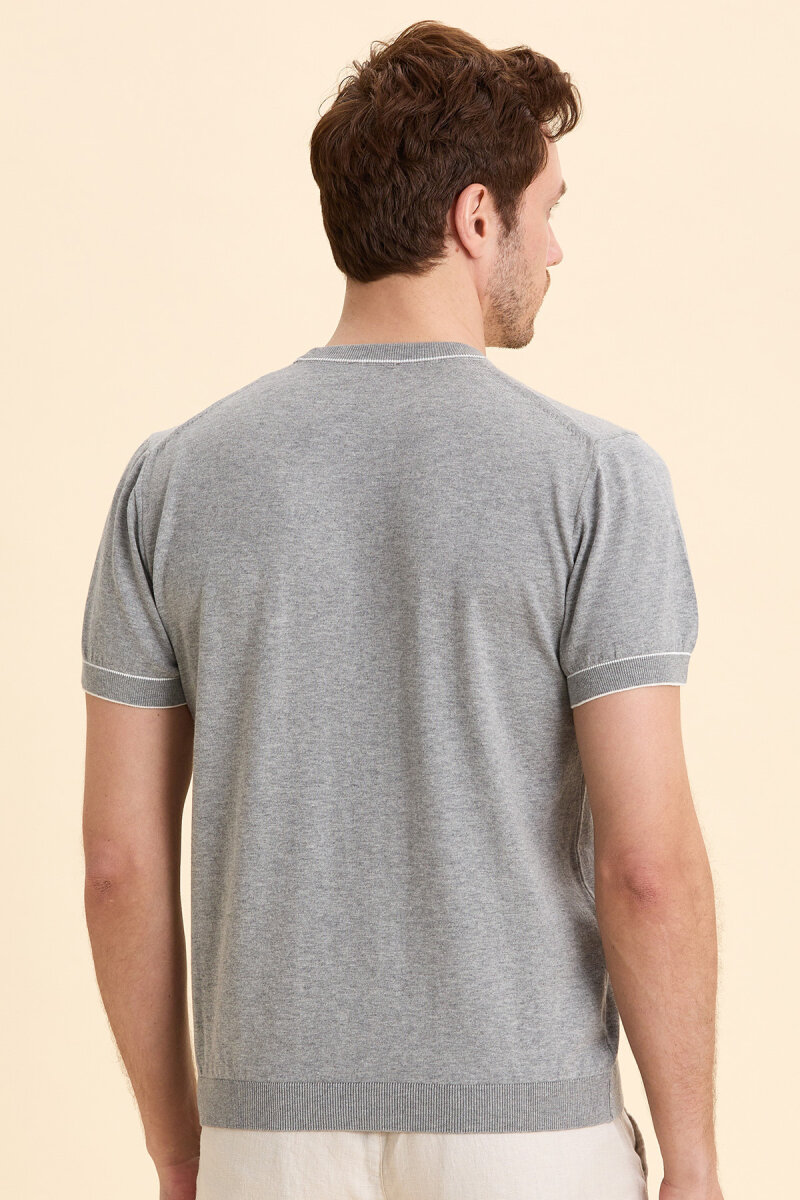 Grey Melange 100% Cotton Crew Neck Short Sleeve Sweater - 6