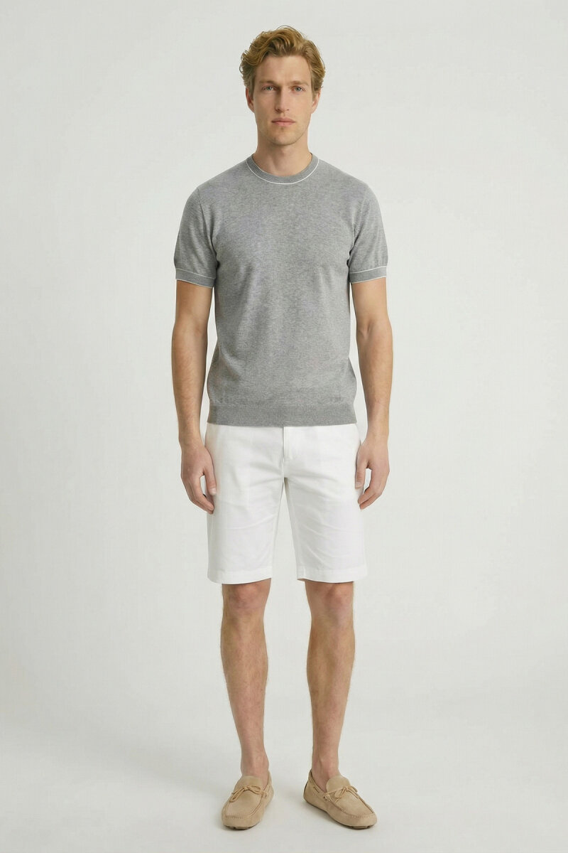 Grey Melange 100% Cotton Crew Neck Short Sleeve Sweater - 5