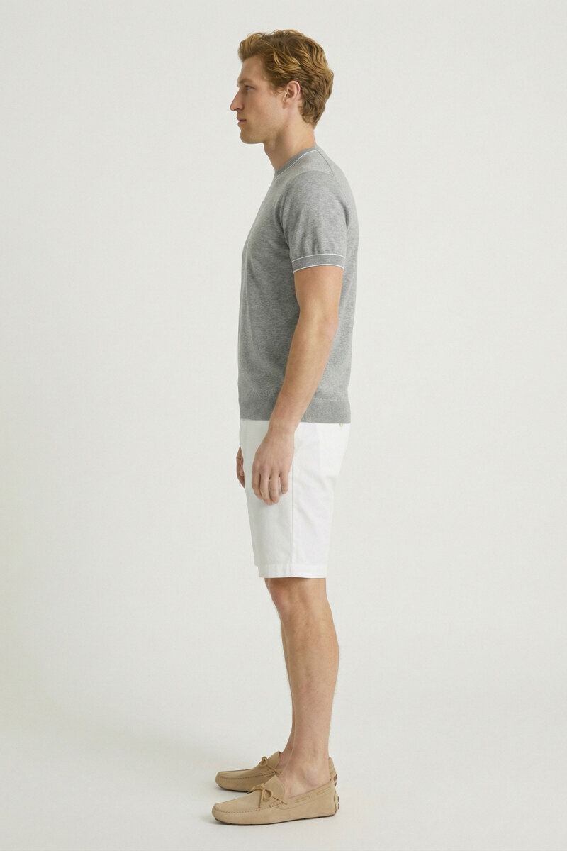 Grey Melange 100% Cotton Crew Neck Short Sleeve Sweater - 4