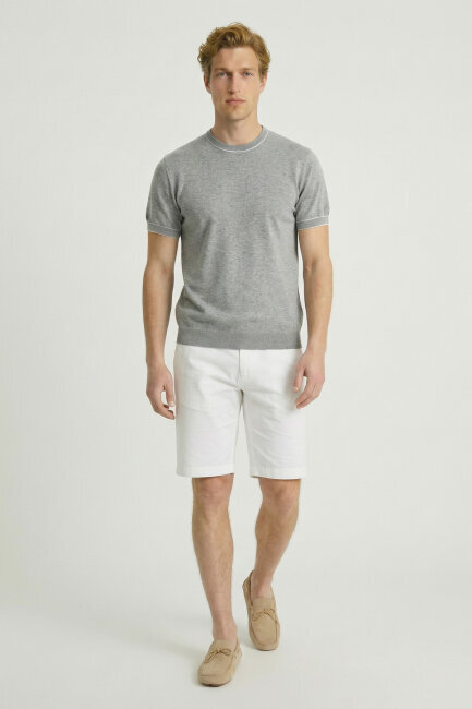 Grey Melange 100% Cotton Crew Neck Short Sleeve Sweater - 2