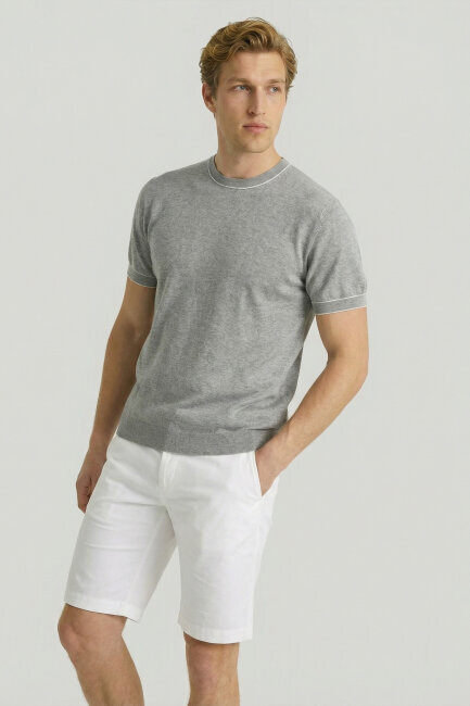 Grey Melange 100% Cotton Crew Neck Short Sleeve Sweater
