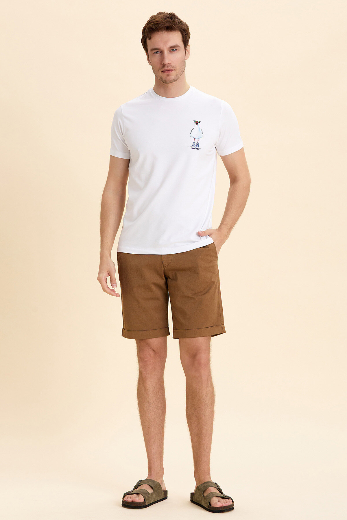 Beyaz Pamuklu Martı Baskılı Tişört - 5