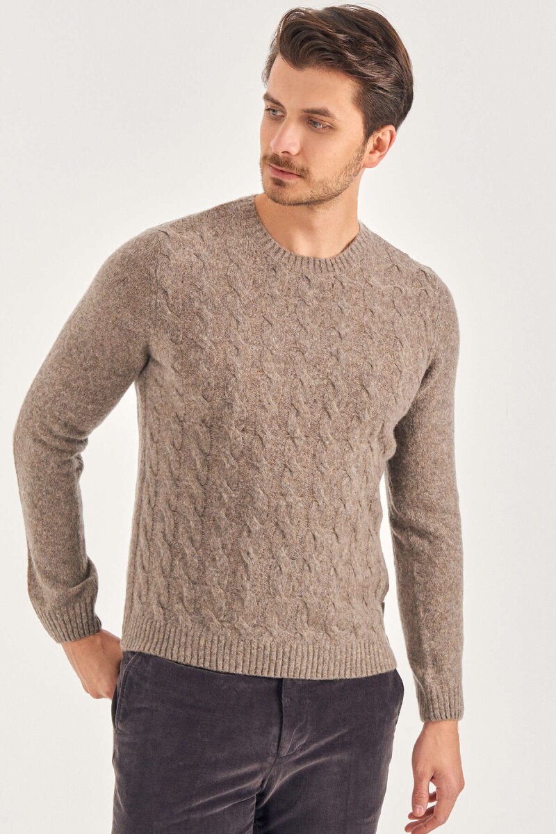 Beige Wool Cable Knit Crew Neck Sweater