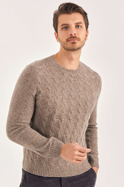 Beige Wool Cable Knit Crew Neck Sweater - 2