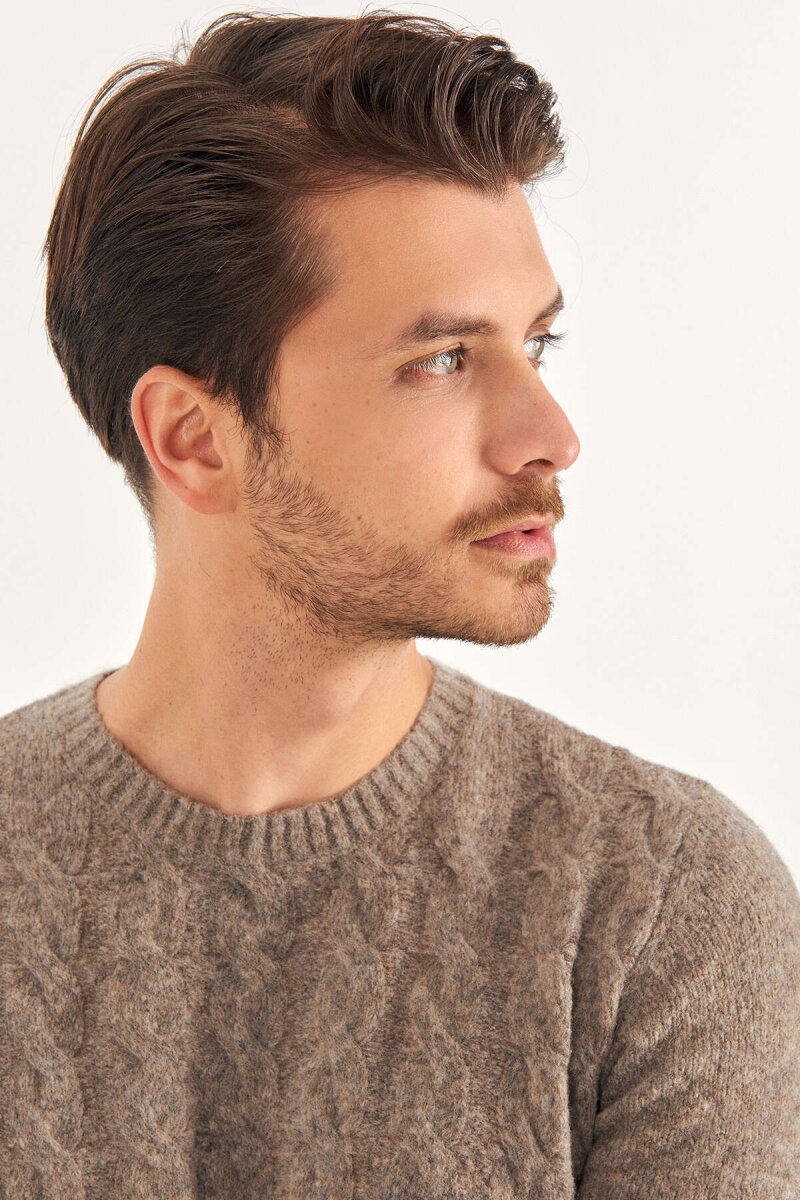 Beige Wool Cable Knit Crew Neck Sweater - 3