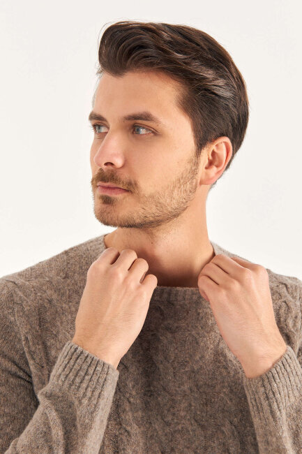 Beige Wool Cable Knit Crew Neck Sweater - 4