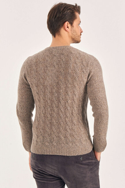 Beige Wool Cable Knit Crew Neck Sweater - 5