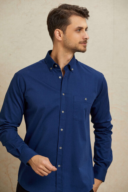 Navy Blue 100% Cotton Shirt - 2