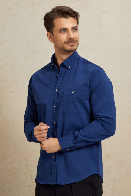 Navy Blue 100% Cotton Shirt - 5