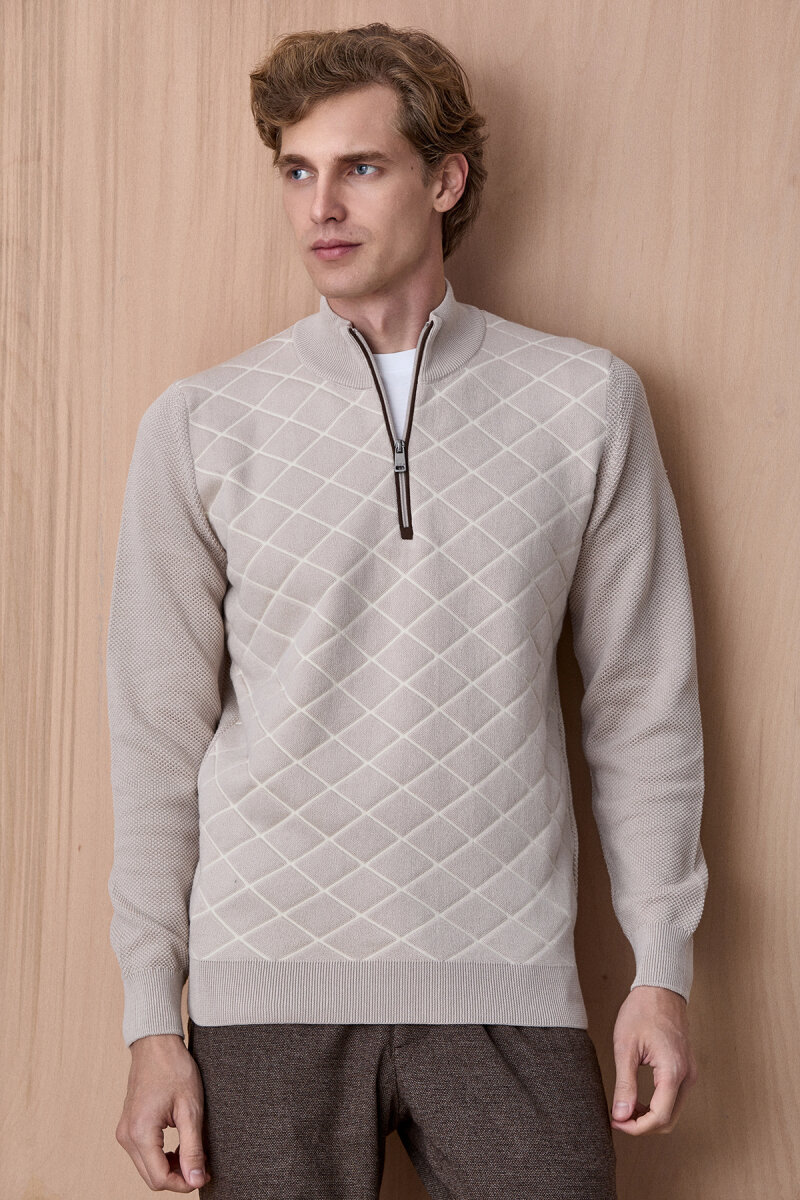 Açık Bej Pamuklu Kısa Fermuarlı Kazak - 1