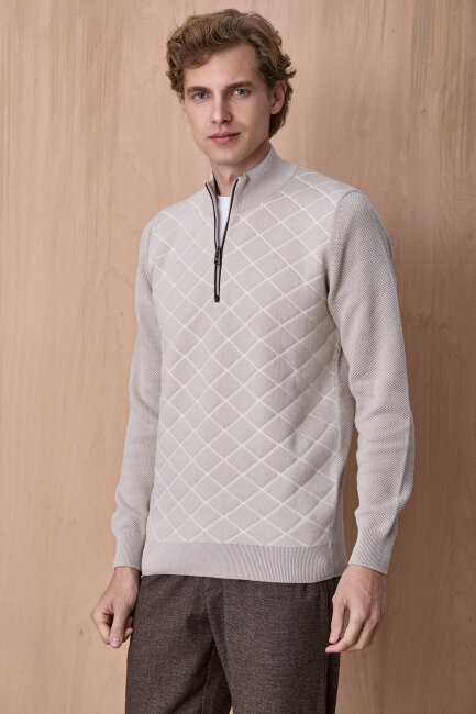 Açık Bej Pamuklu Kısa Fermuarlı Kazak - 4