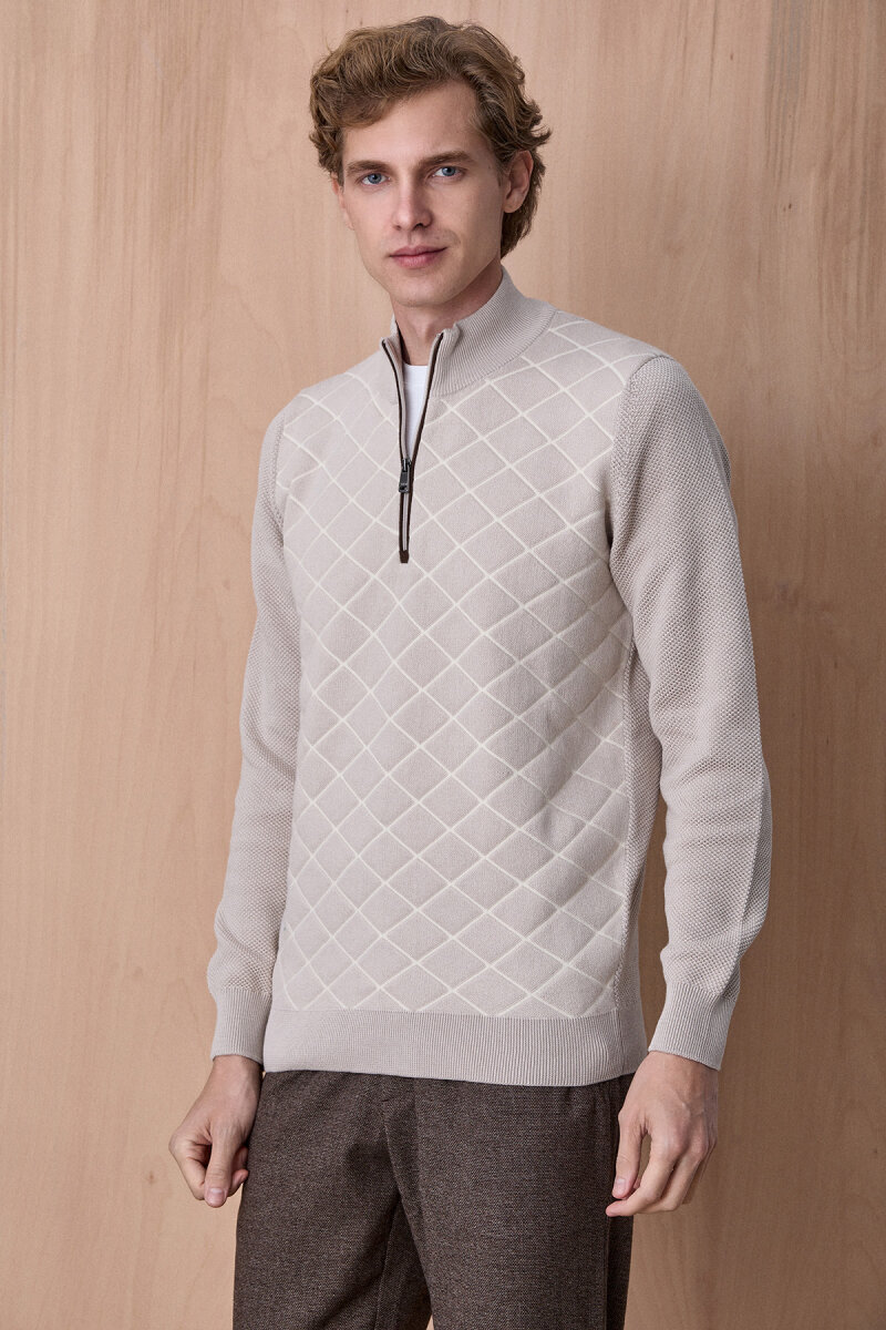 Açık Bej Pamuklu Kısa Fermuarlı Kazak - 4