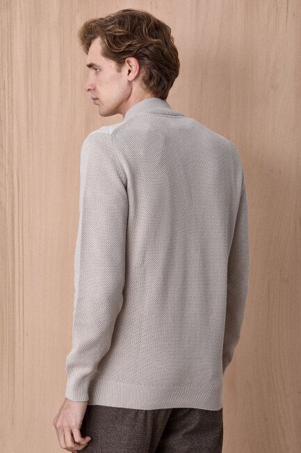 Açık Bej Pamuklu Kısa Fermuarlı Kazak - 5