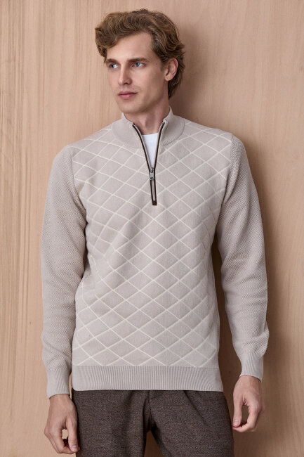 Açık Bej Pamuklu Kısa Fermuarlı Kazak - 1