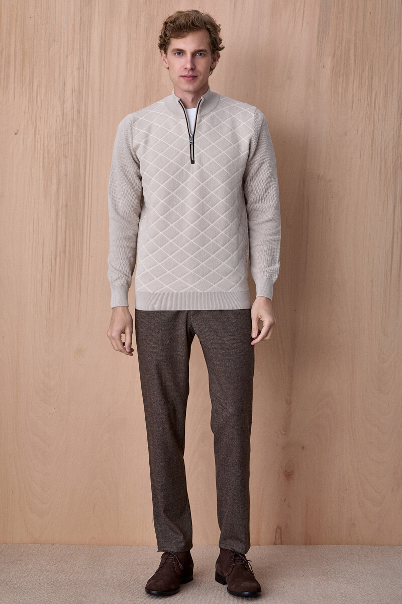 Açık Bej Pamuklu Kısa Fermuarlı Kazak - 3