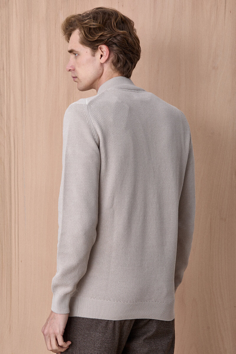 Açık Bej Pamuklu Kısa Fermuarlı Kazak - 5