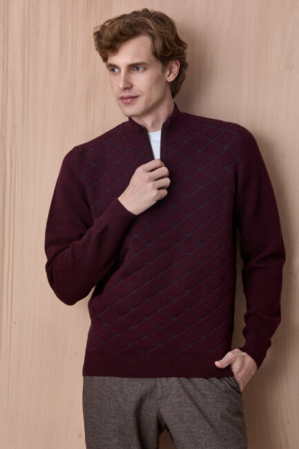 Bordo Pamuklu Kısa Fermuarlı Kazak 