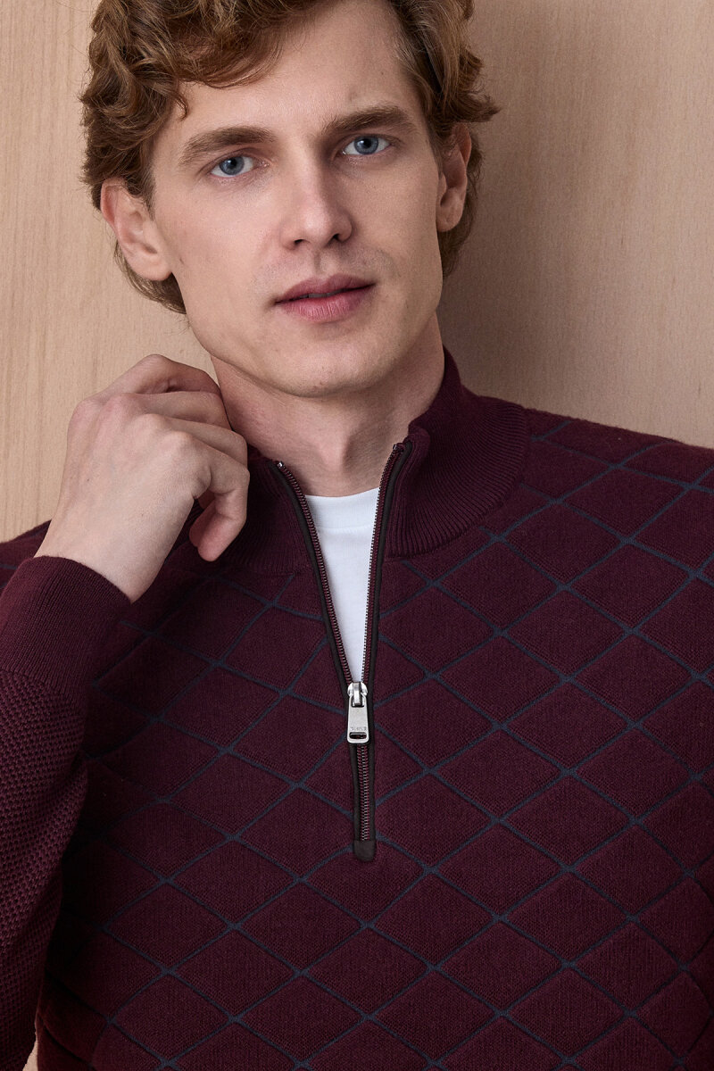 Bordo Pamuklu Kısa Fermuarlı Kazak - 2