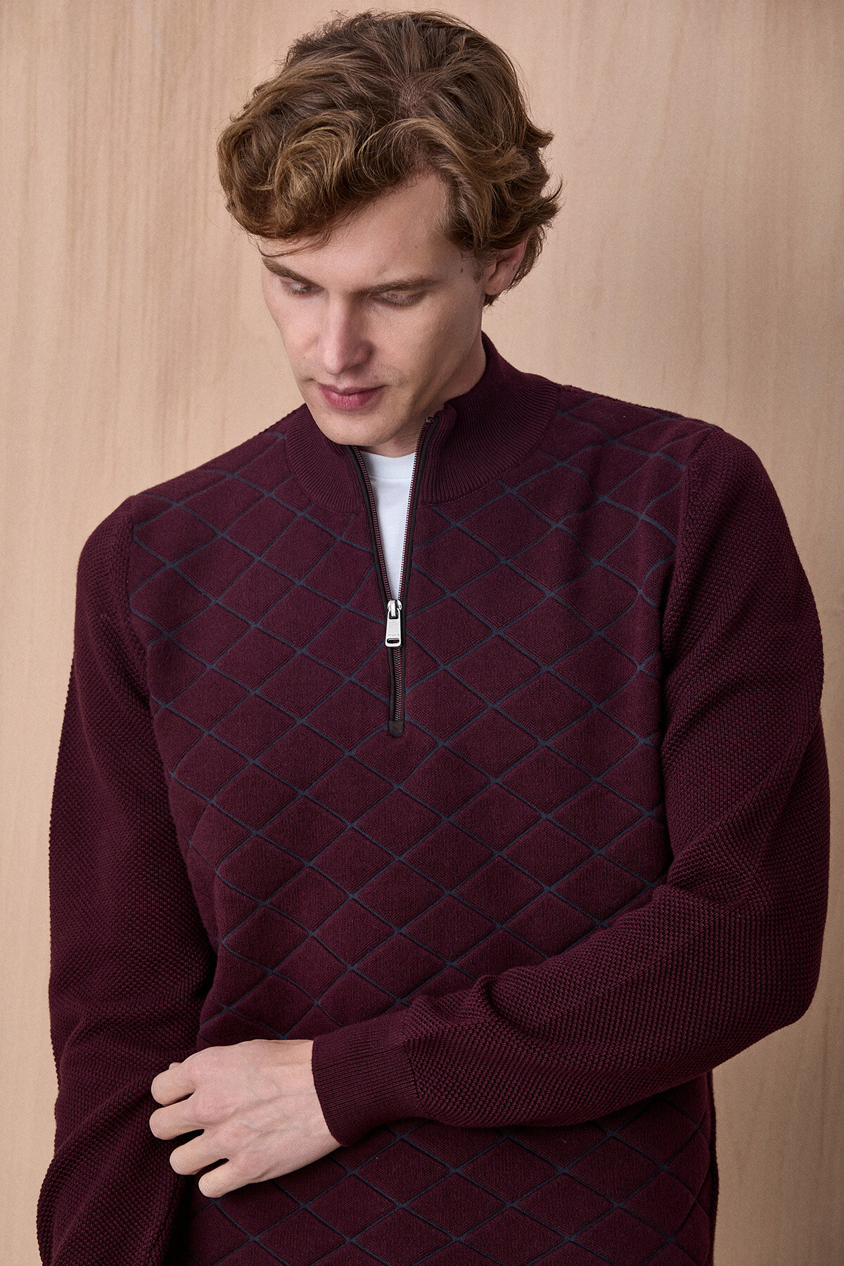 Bordo Pamuklu Kısa Fermuarlı Kazak - 4