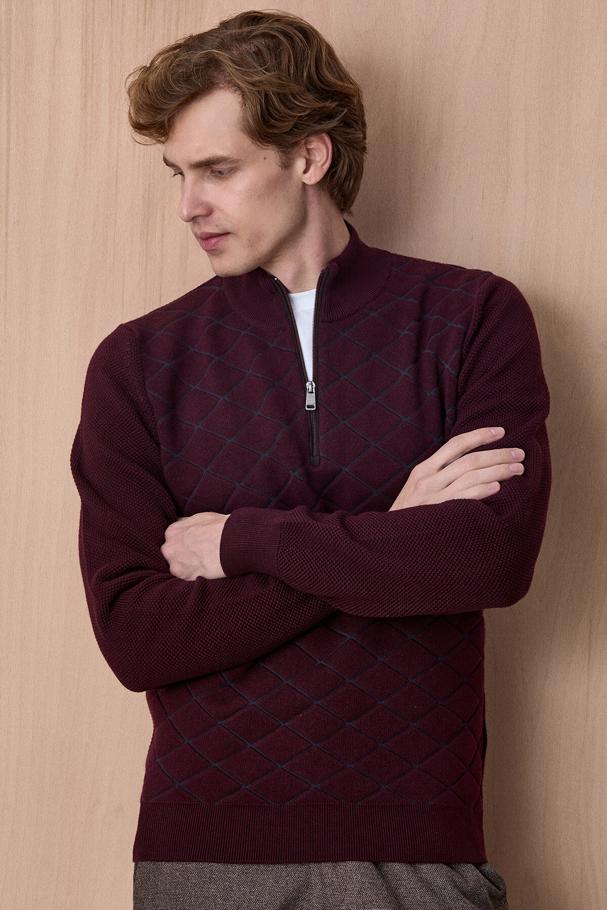 Bordo Pamuklu Kısa Fermuarlı Kazak - 5