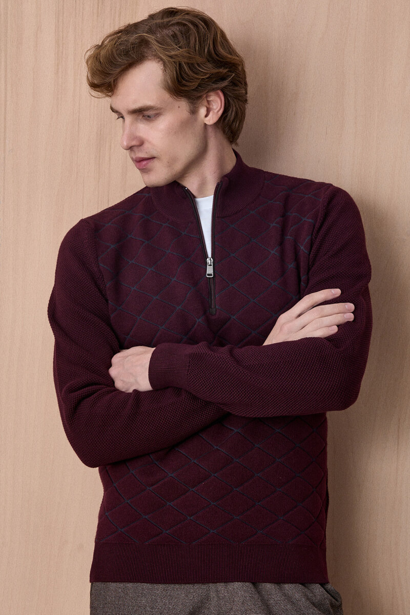 Bordo Pamuklu Kısa Fermuarlı Kazak - 5