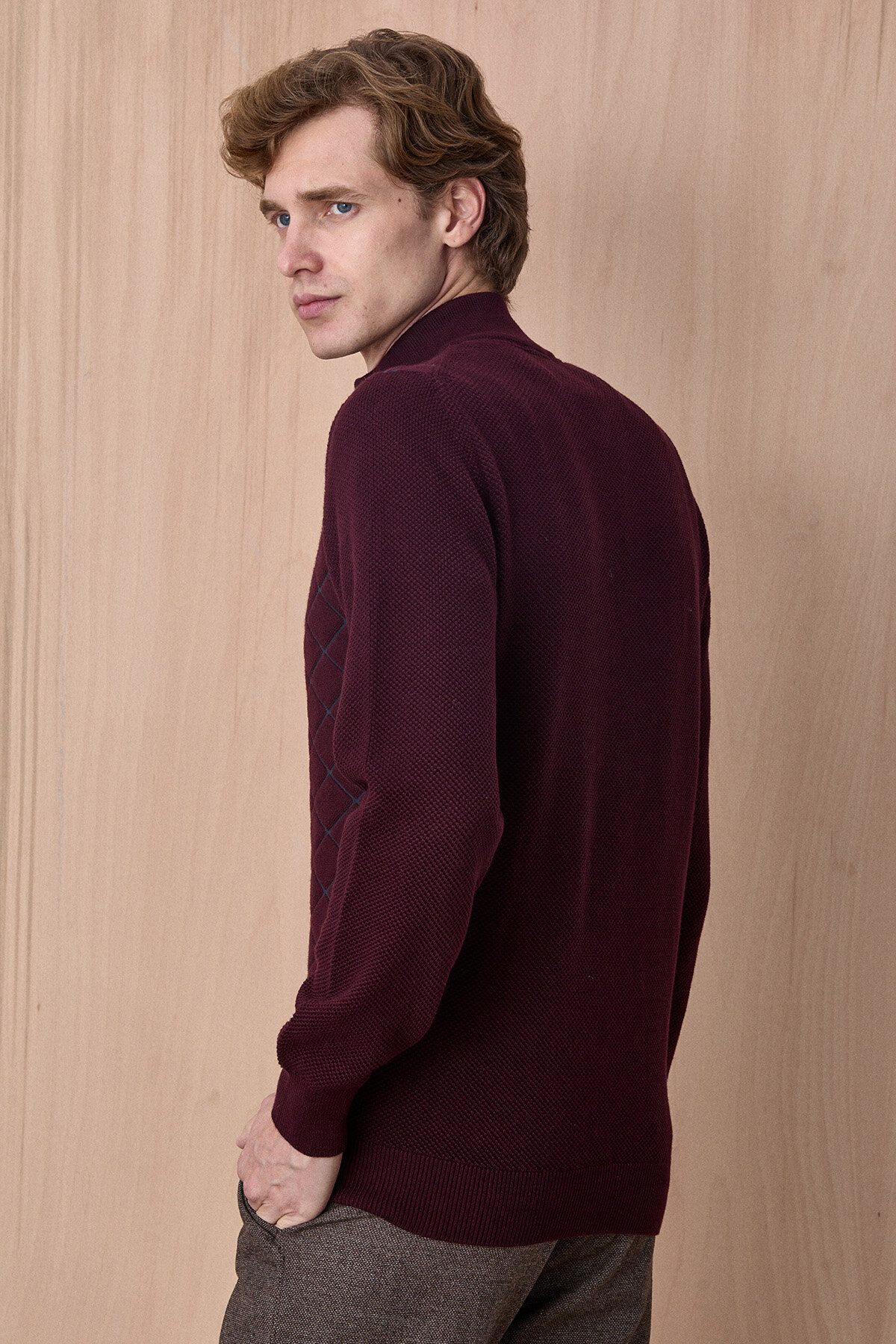 Bordo Pamuklu Kısa Fermuarlı Kazak - 6