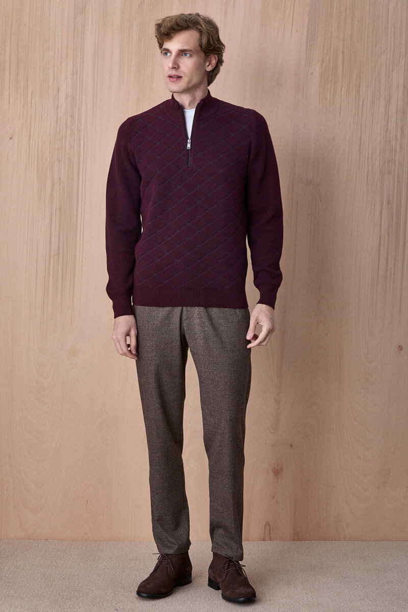 Bordo Pamuklu Kısa Fermuarlı Kazak - 3