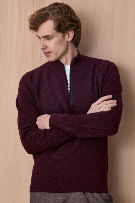 Bordo Pamuklu Kısa Fermuarlı Kazak - 5