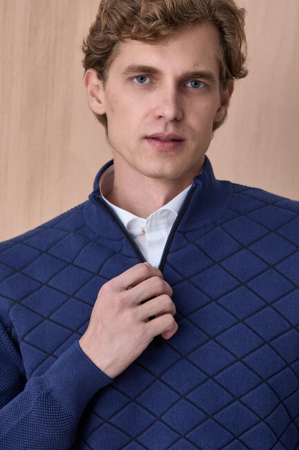 Indigo Pamuklu Kısa Fermuarlı Kazak - 2