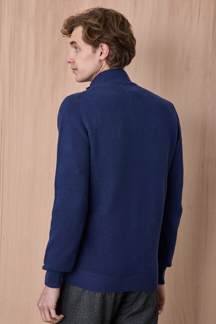 Indigo Pamuklu Kısa Fermuarlı Kazak - 6