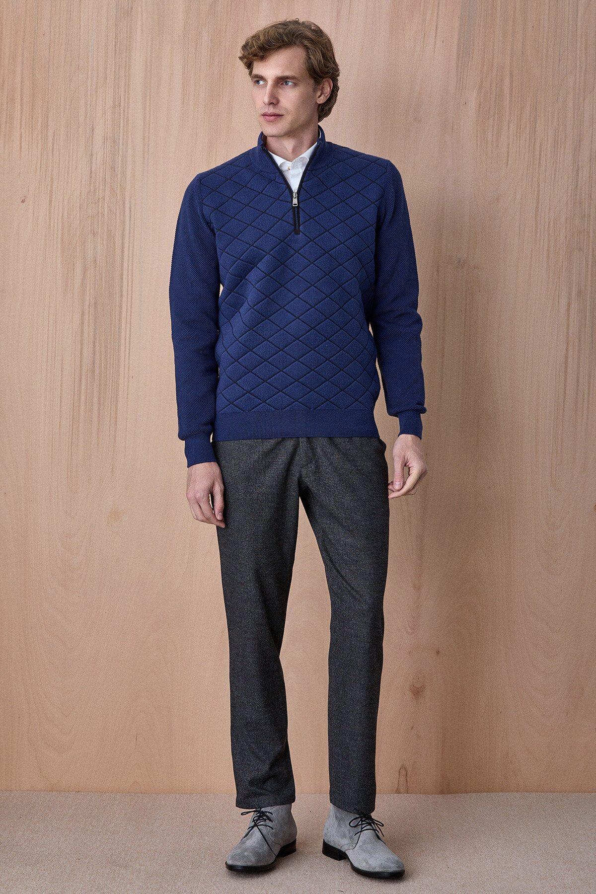 Indigo Pamuklu Kısa Fermuarlı Kazak - 3