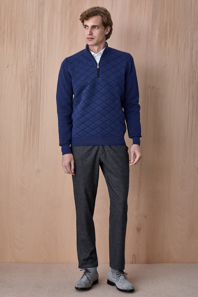 Indigo Pamuklu Kısa Fermuarlı Kazak - 3