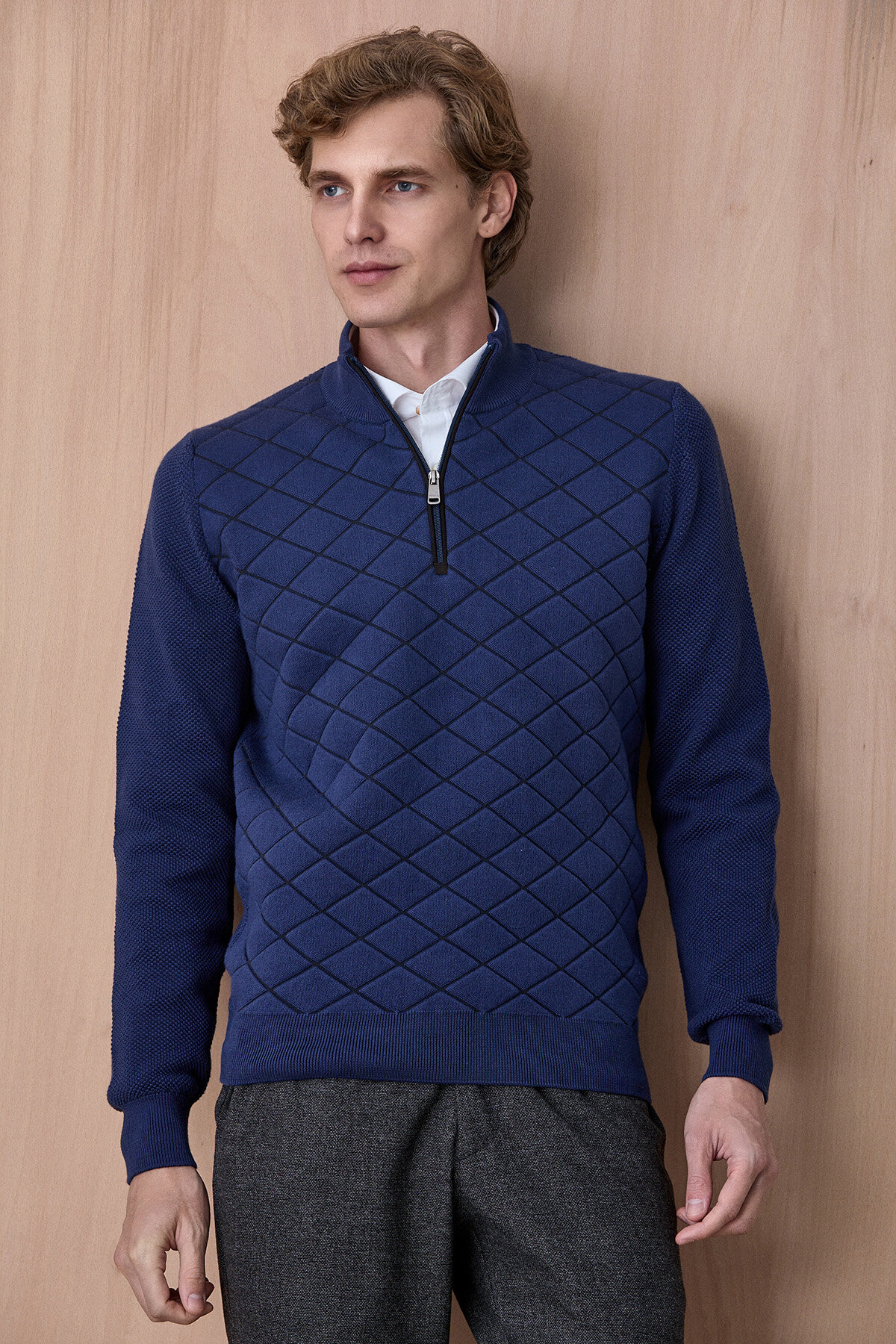 Indigo Pamuklu Kısa Fermuarlı Kazak - 4