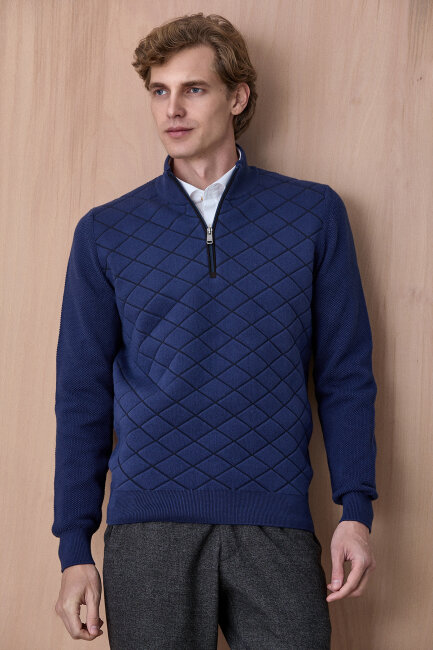 Indigo Pamuklu Kısa Fermuarlı Kazak - 4