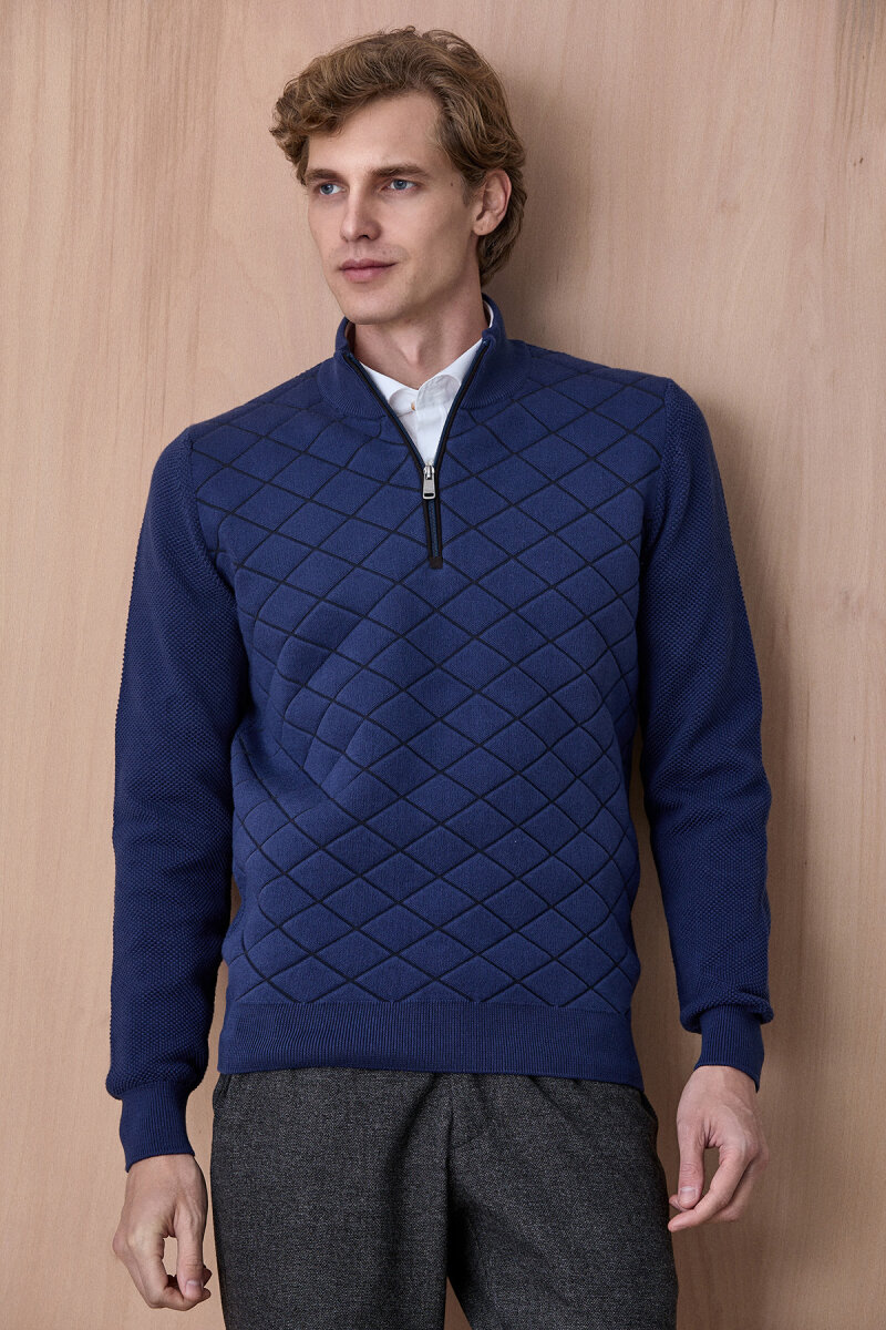 Indigo Pamuklu Kısa Fermuarlı Kazak - 4