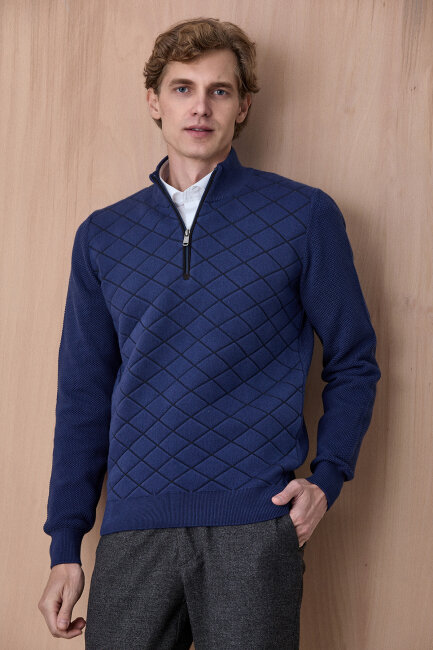 Indigo Pamuklu Kısa Fermuarlı Kazak - 5