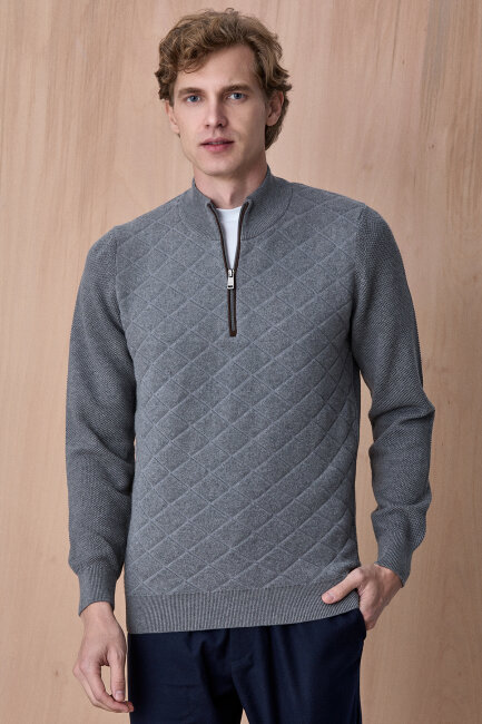 Koyu Gri Pamuklu Kısa Fermuarlı Kazak 