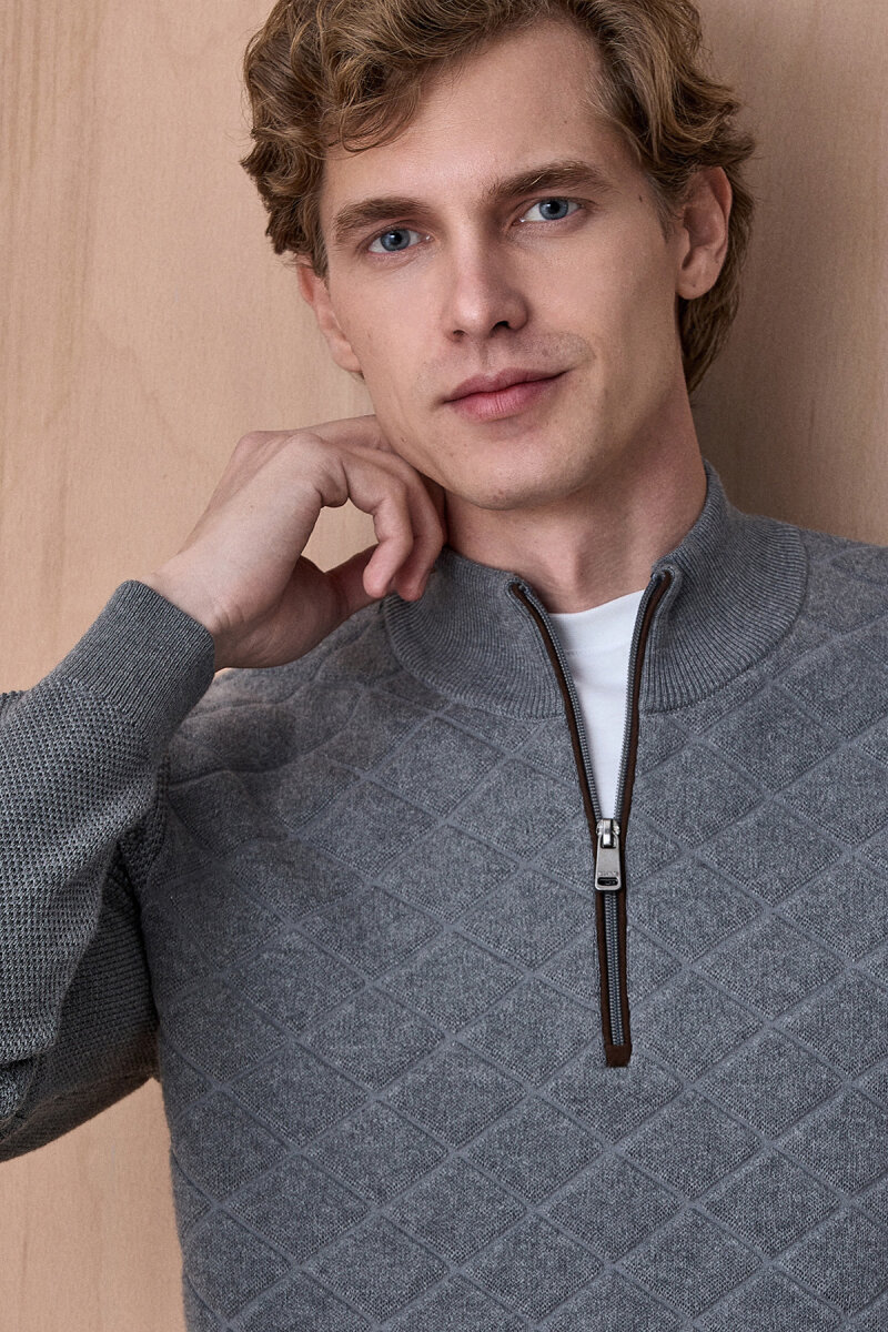 Koyu Gri Pamuklu Kısa Fermuarlı Kazak - 2