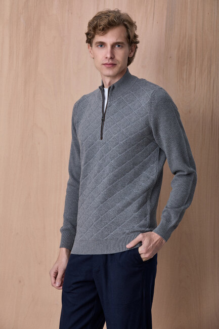 Koyu Gri Pamuklu Kısa Fermuarlı Kazak - 4